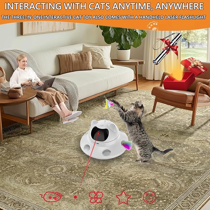 3-in-1 Cat Laser Toy & Interactive Automatic Motion-Activated Kitten Toy – 6 Holes Whack-A-Mole Feather & Moving Ambush Fun – USB Rechargeable, Apply To – Indoor Exercise for Cats of All Breeds