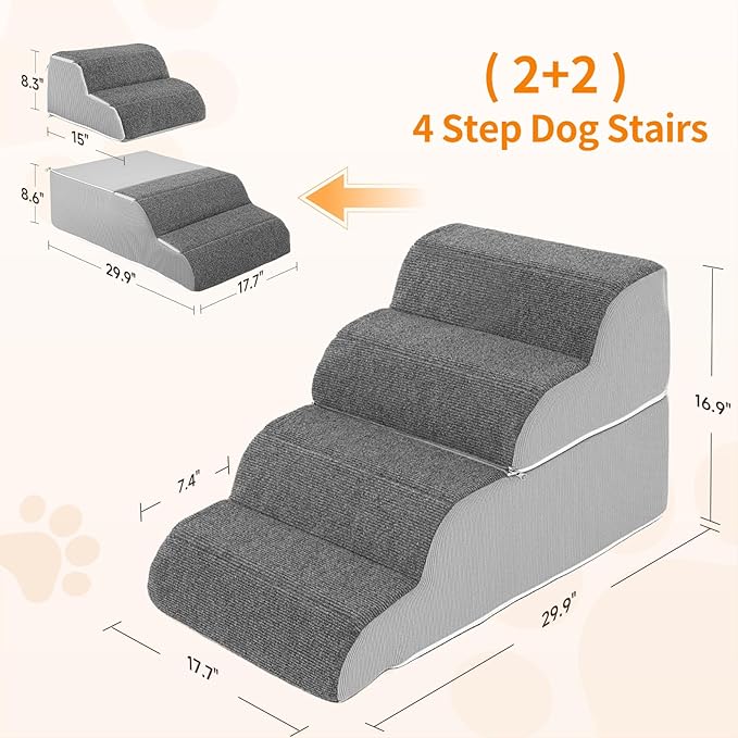 4-Steps Dog Stairs for Bed and Couch 16.9" H, Wider Pet Stairs for Small Old Large Dogs Cats, 30°Steady Non-Slip Dog Steps, Washable Dog Ramp with Removable Cover, PE Boards