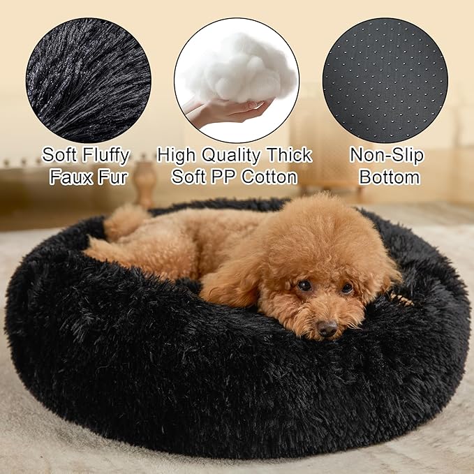 Dog Calming Beds for Small Medium Large Dogs - Round Donut Washable Puppy Dog Bed, Anti-Slip Faux Fur Fluffy Donut Cuddle Anxiety Cat Pet Bed(16'' Black)