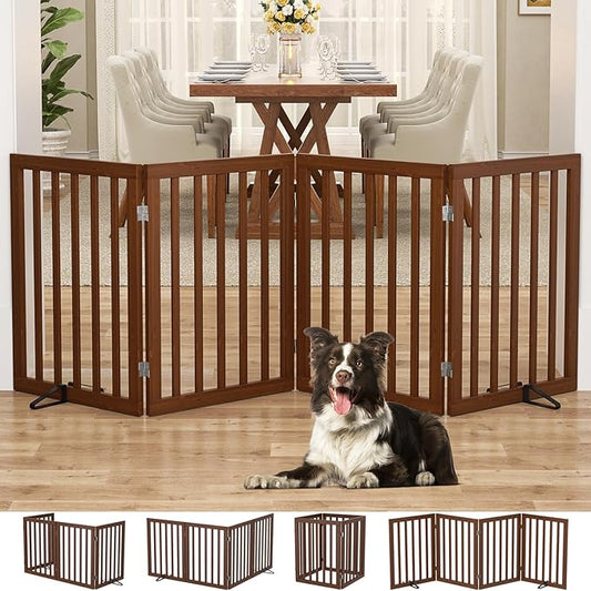 Homykic Bamboo Freestanding Dog Gate, No Assembly Pet Gate Indoor, 24”H x 75”W Extra Wide Foldable Puppy Barrier Fence with Support Feet for The House, Doorways Stairs, 4 Panels, No Drillings, Walnut