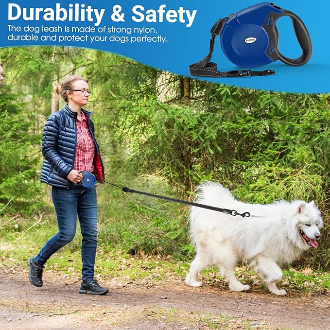 Retractable Dog Leash, 26 Ft Heavy Duty Pet Walking Leash for Small Medium Large Dogs up to 99lbs, Anti-Slip Handle, 360 ° No Tangle, Nylon Tape, One-Handed Brake (Blue)