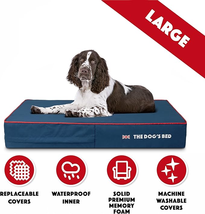 The Dog’s Bed Orthopedic Memory Foam Dog Bed Large Blue Oxford with Red Trim UK Flag, Pain Relief for Arthritis, Hip & Elbow Dysplasia Post Surgery Supportive, Waterproof Washable, Veterinary Approved