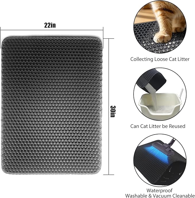 Cat Litter Box Mat Double Layer Trapping Mat Easy-Clean Waterproof Urine Proof(Black 30x22in)