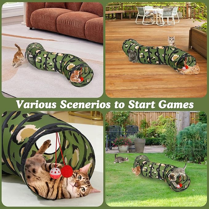 Pawaboo Cat Tunnel, S-Shaped Cat Tube Tunnel 25 * 97cm(9.8''*38.2'') with Balls and Bells, Collapsible Portable Kitten Play Tent Toy Interactive Cats House with Peep Holes for Kitty, Leopard Print