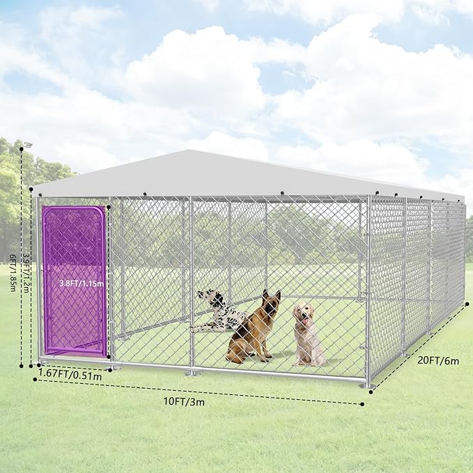 20x10 FT Outdoor Dog Kennel, Heavy Duty Large Outside Dog Enclosure with UV-Resistant Waterproof Sun-Proof Cover, Double Security Locks for Backyard Farm Ranch