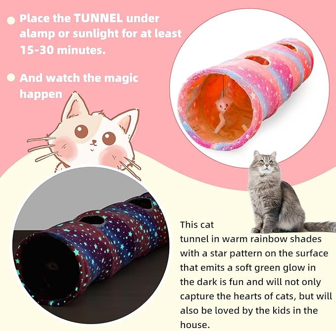 Cat Tunnels for Indoor Cats with Plush Toys Collapsible Glows in The Dark Dog Cat Tunnel Tube Toys Photoluminescent for Indoor Cats Small Dogs Puppy Kitten Rabbit Bunny Ferret Pet Rainbow