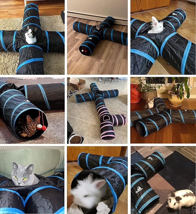 Pawaboo Cat Toys - 4 Way Cat Tunnel, Tube & Play Tent, 25x53cm, Extensible, Interactive Maze with Balls & Bells for Kitten & Small Animal, Blue