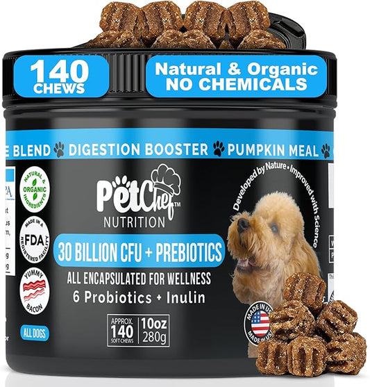 Pet Chef Probiotics for Dogs with Prebiotics & Enzymes 140 Naturally Healthy Soft Chews for Digestion Gut & Skin Health Puppy-Friendly Improves Poop Stops IBS Low Calorie No Fillers