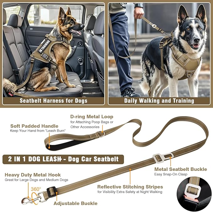 Tactical Dog Harness and Leash Set Medium Sized Dog,Heavy Duty No Pull Service Dog Vest and 10 Patches with Dog Seat Belt,Reflective Adjustable Pet Harness for Training Walking Hiking Brown M