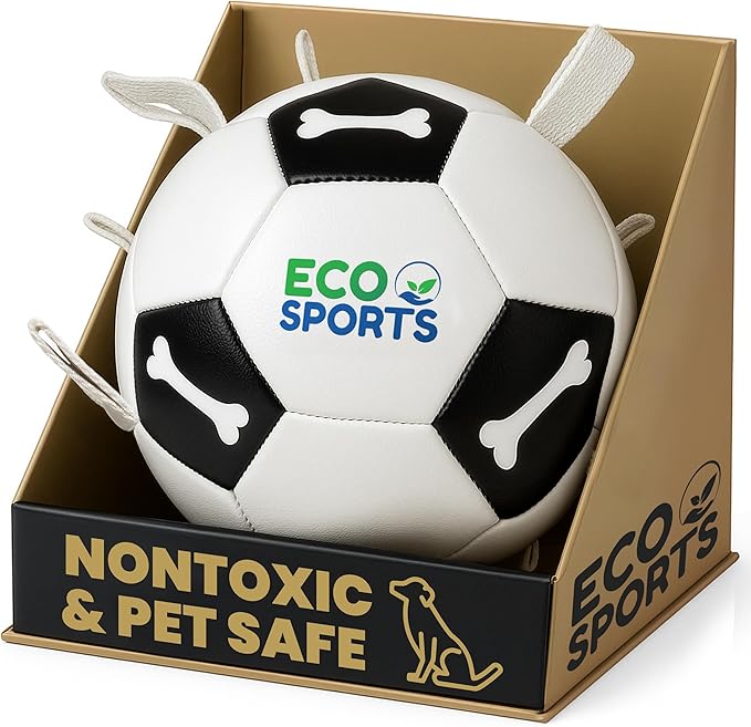 Eco Sports Small Dog Soccer Ball with Straps – Size 2, Interactive Durable Dog Soccer Ball with Cotton Grab Tabs for Fetch Training and Outdoor Play, for Small Size Pets and Puppies