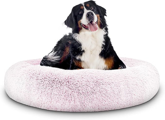 The Dog’s Bed Sound Sleep Original Calming Dog & Cat Bed, Anti-Anxiety Rose Pink Fur Donut Nest Snuggler, with Removable Cover, Veterinary Approved