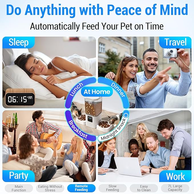 Automatic Cat Feeders 2 Cat with Slow Feed: Dual Automatic Dog Feeder with 5G WiFi, cat Food Dispenser with Alexa for Multiple Pets, Detachable for Easy Clean - 29 Cup（7L Large Capacity）