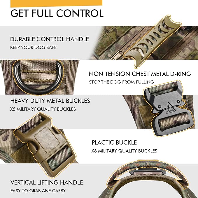 Tactical Dog Backpack Harness for Large Breed Original Design Metal Buckle Vest with Side Bags Pouches for Service Working Training (Camouflage(with 2 Pouches), M)