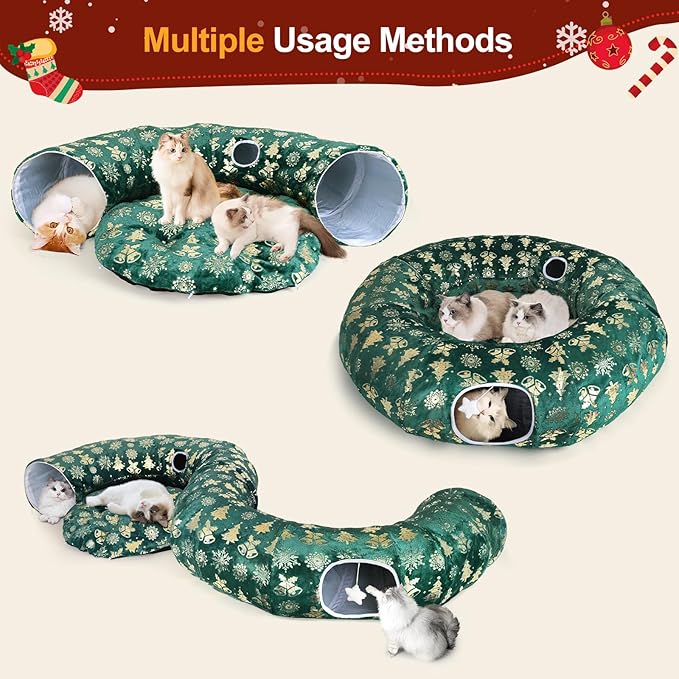 Cat Tunnel Bed for Indoor Cats, XL Christmas Tree Skirts Washable Warm Soft Indoor Cat Donut Tunnel, Multifunctional Cat Interactive Playground Toys for Felines Pet Christmas Tree Decoration