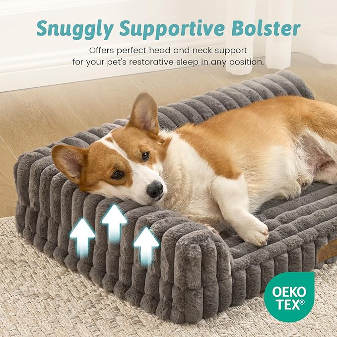 Cute Dog Bed, Faux Rabbit Fur Orthopedic Foam Dog Bed with Sides, Removable Washable Cover & Waterproof Lining, Comfortable Pet Couch for Medium Dogs, Grey (36" L x 27" W x 6.5" Th)