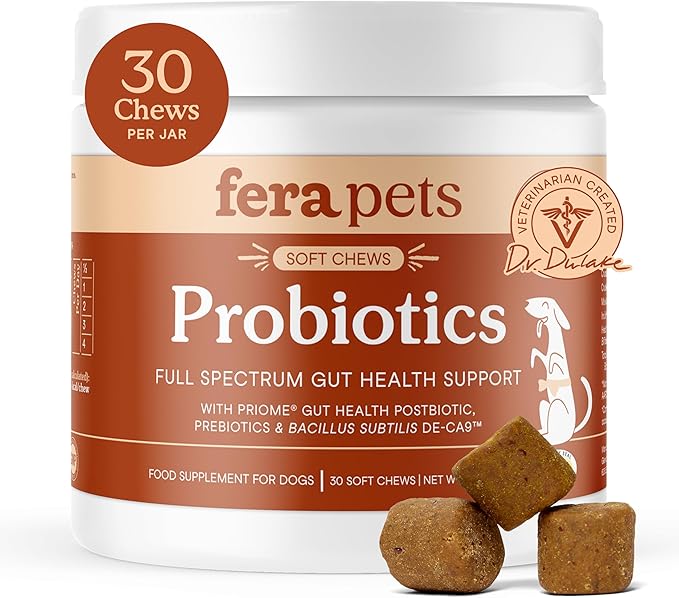 Fera Pets Probiotics for Dogs with Prebiotics and Postbiotics - Full Spectrum Gut Health Support - Promotes a Balanced Gut Microbiome - Boosts Immune Health - 30 Soft Chews