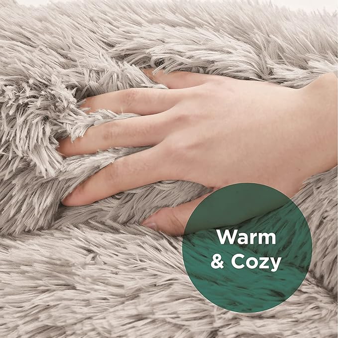 Friends Forever Serena Donut Memory Foam Orthopedic Dog Bed, Soft Faux Fur Oval Cat Couch For Indoor Pet, Fluffy Calming Plush Shag, Round Raised Bolster Cushion, Machine Washable Cuddler, Grey