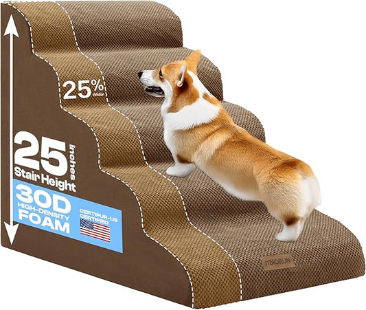 Extra Wide Dog Stairs for Large Dogs Up to 80lbs, 25" Pet Steps for High Bed with Washable Cover, 5-Step Foam Bed & Couch Ladder for Small Medium Dogs & Senior Cat, Coffee