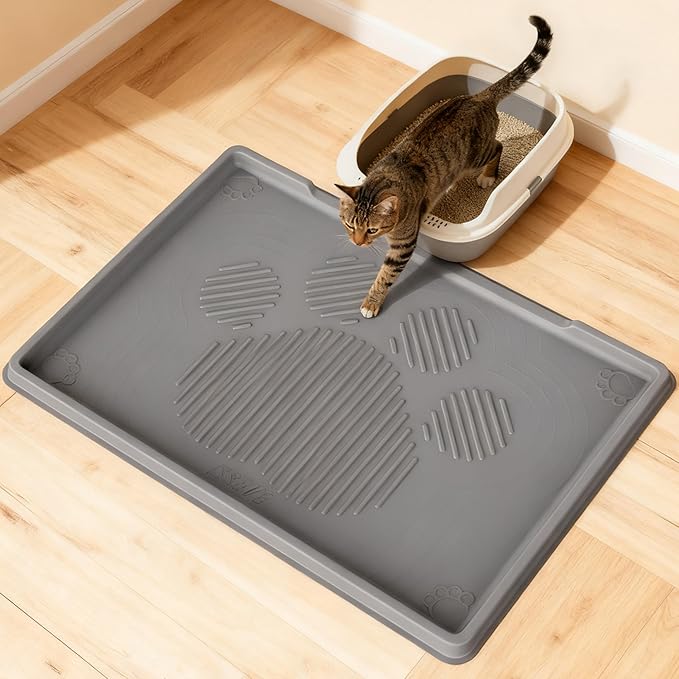 ISSEVE Cat Litter Mat 40" x 28" XL, Extra Large Silicone Mat for Litter Box, 1.38" Raised Edge Urine Proof Litter Trapping Mat Pad for Scatter Control, Soft on Kitty Paws, Protect Floor (Dark Grey)