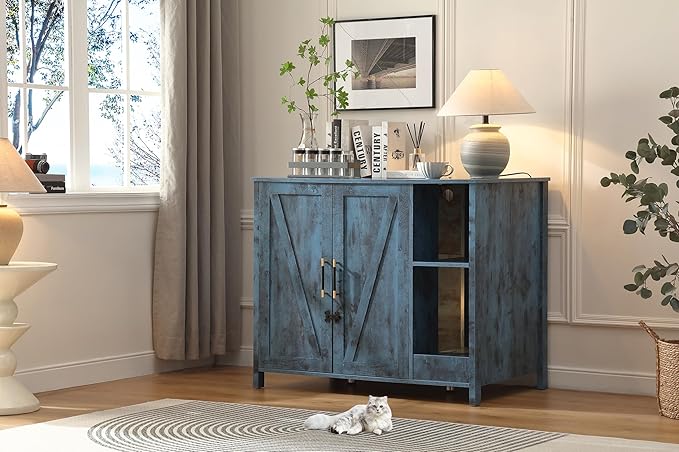 Large Cat Litter Enclosure With Litter Collector, Enclosure for self-Cleaning Litter Boxes,Adjustable Shelf for Dog Proof and Storage,charging station,Locks Added for cat,Cat House,Blue