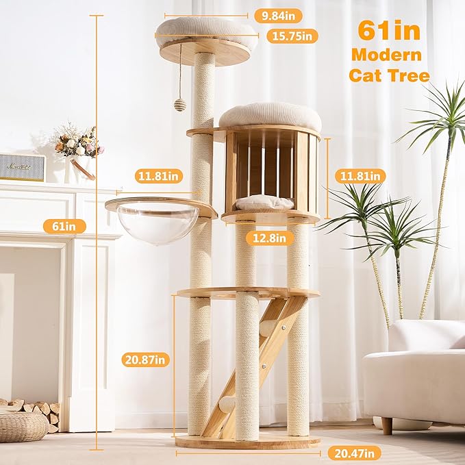 Cat Tree Modern Cat Tower for Large Cat with Scratching Post for Indoor, Solid Wood Multifunctional Cat Tower with Condo, Bed, Ladder, Space Capsule, Dangling Ball