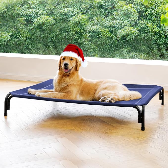 Elevated Dog Bed Raised Outdoor Dog Cot for Extra Large Dogs, Installation Requires No Tools, Frame with Washable Cooling Breathable Mesh Anti-Slip Feet, Indoor Pet Bed, Blue, 48.8 Inches