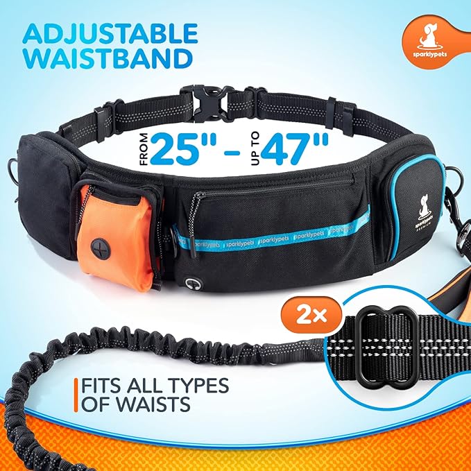SparklyPets Active Waist Leash for Dog Walking Pack – Hands Free Dog Leash for Medium & Large Breeds – Complete Gear with Phone Holder, Detachable Poop Bag, Treat Pouch, and Bottle Holder