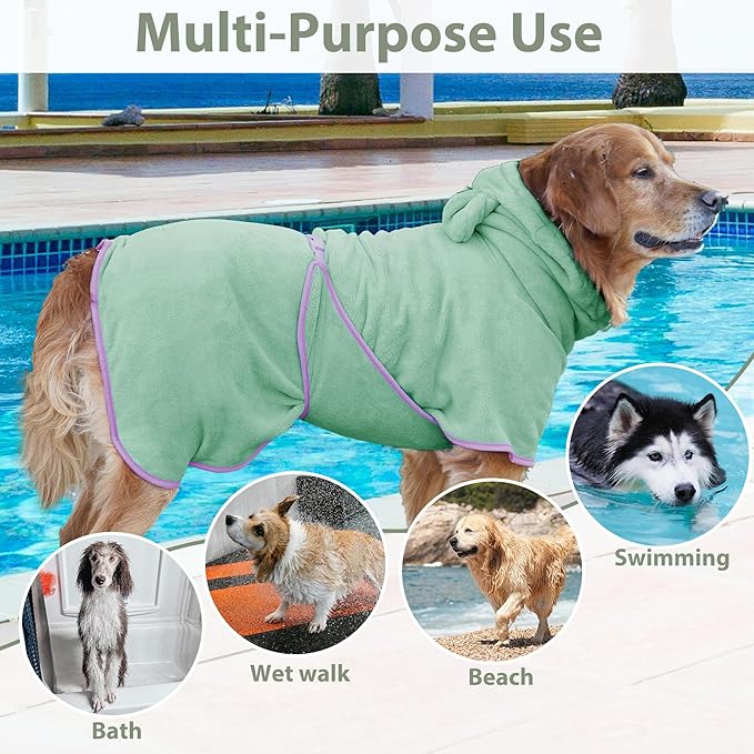 Dog Bathrobe Super Absorbent Towel Robe - Microfiber Bath Towels Fast Drying Coat for Dogs, Cute Dogs Clothes Adjustable Collar & Belly Strap Warm Keeping Hooded Dog Towel (Light Green, Medium)