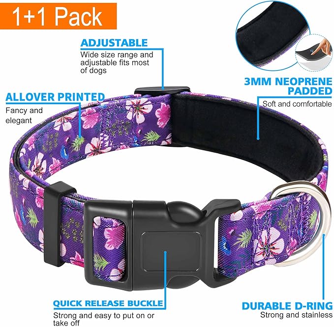 Reflective Dog Collar Padded with Soft Neoprene Breathable Adjustable Nylon Dog Collars for Small Medium Large Dogs (Small (Pack of 1), Purple/Pink Floral Collar+Leash)