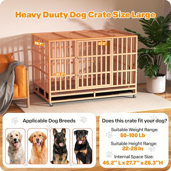 Heavy Duty Dog Crate 48 Inch, Indestructible Dog Crate with Removable Tray, Escape Proof & High Anxiety Dog Kennel Indoor, Metal Dog Cage with Wheels for Large Dogs, XL XXL XXXL