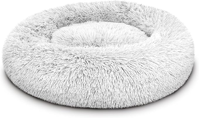 The Dog's Bed Sound Sleep Donut Dog Bed, Small Ice White Fur Calming Nest Bed, Veterinary Approved