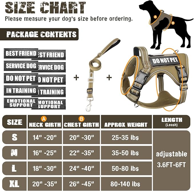 Tactical Dog Harness and Leash Set Small Sized Dog,Heavy Duty No Pull Service Dog Vest and 10 Patches with Dog Seat Belt,Reflective Adjustable Pet Harness for Training Walking Hiking Brown S
