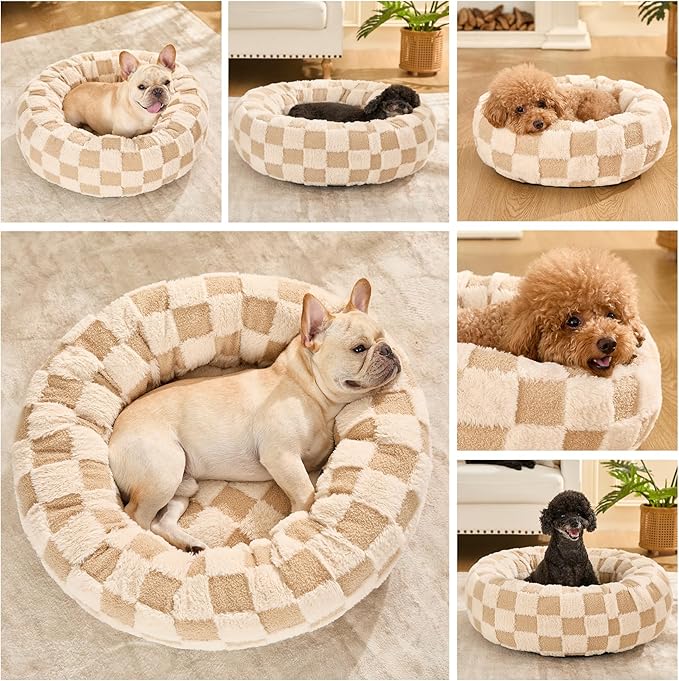 Dog Calming Beds for Small Medium Large Dogs - Round Donut Washable Puppy Dog Bed, Anti-Slip Faux Fur Fluffy Donut Cuddle Anxiety Cat Pet Bed (32" Grid)