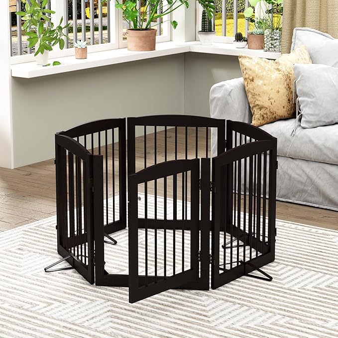 Freestanding Pet Gates with Walk Through Door, Dog Indoor Fence, Dog Gate for The House, Doorway, Stairs, Extra Wide Pet Gate, Support Feet Included, 120 Inch Wide, 6 Panels 24" Tall, Brown