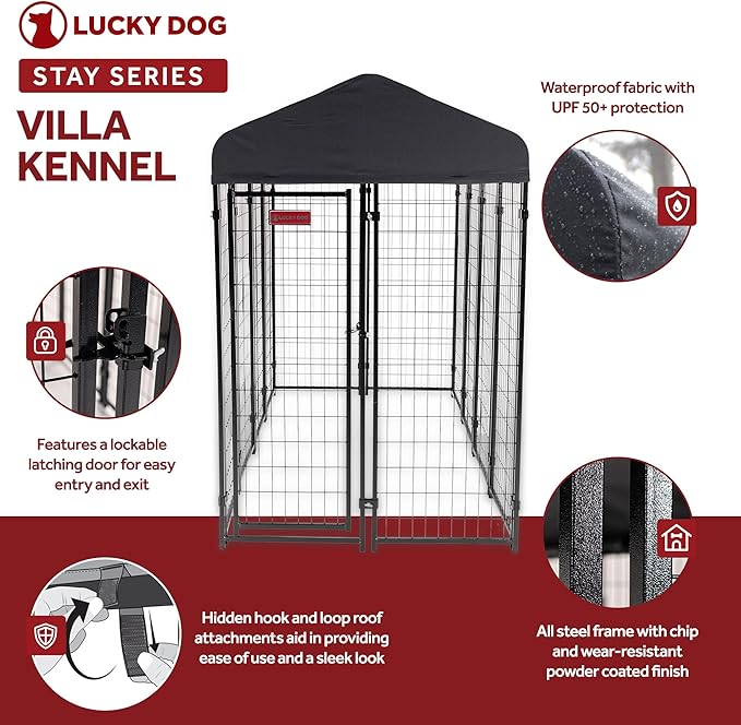Lucky Dog® Stay Series® Villa Kennels - 4x8x6 ft - Black Powder Coat Steel Frame - Large Outdoor Dog Kennel with Waterproof Canopy Roof and Single Gate Door - Grey