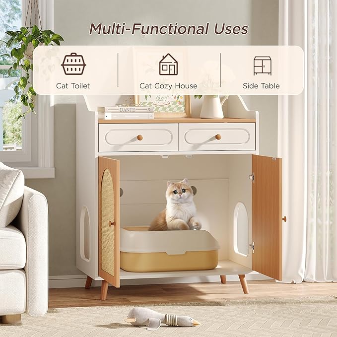 Cat Litter Box Enclosure Furniture, Wooden Hidden Litter Box Furniture with Double Rattan Scratching Board Doors, 2 Drawers, Litter Box Cabinet, Cat Cabinet, Natural