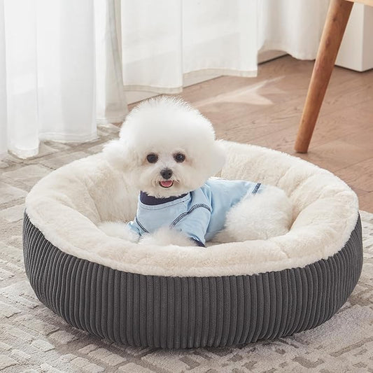 23 inches Donut Dog Bed for Small Dogs - Calming Round Puppy Bed with Removable &Washable Cover, Plush Faux Fur & Corduroy Pet Bed for Cats, Fits Pets up to 15 lbs(Dark Grey,Small)
