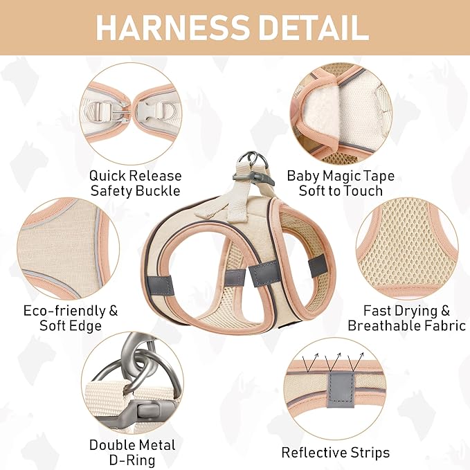 GAMUDA Small Pet Harness Collar and Leash Set, Step in No Chock No Pull Linen Fabric Soft Mesh Dog Vest Harnesses Reflective for Dogs Puppy Cats Kitten Rabbit (Khaki, XXS)