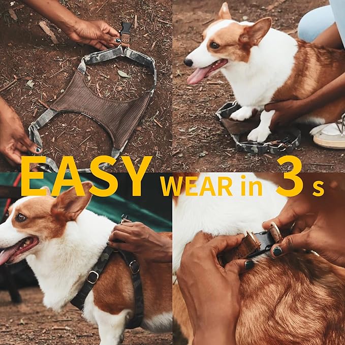 Dog Harness, No Pull Dogs Harness and Multi-Function Leash Set for Medium Dogs Easy Walk Everyday Adjustable Soft Dog Vest Harness Fashionable Dog Accessories Camouflage Brown-Slim Large
