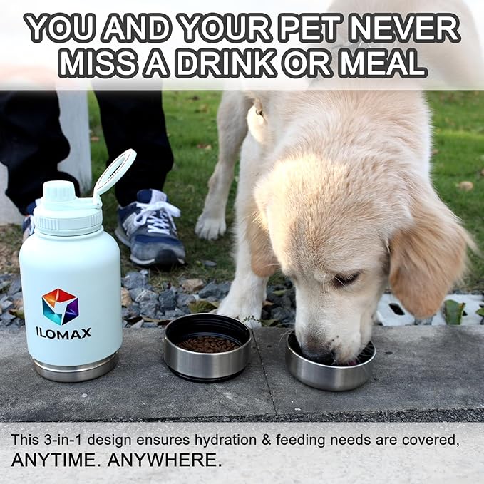ILOMAX 3-in-1 Stainless Steel Dog Travel Water Bottle with Food & Water Bowls, Leak-Proof & Insulated, Extra Magnetic Lid, Keeps Drinks Cold 12H/Hot 6H, Portable Outdoor Hydration, 32oz (Bluish White)