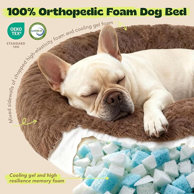 Orthopedic Dog Bed for Large Dogs Waterproof Donut Calming Memory Foam with Cooling Gel Removable Cover Anti Anxiety Pet Bed Machine Washable,Extra Comfort Plush Round Cushion 36 Inch,Camel