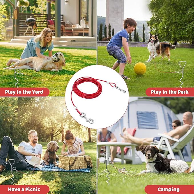 Relux Dog Tie Out Cable and Stake, 16FT Outdoor Dog Stake for Yard Training, Running, Hiking,Camping, 16 Inch Heavy Duty Dog Anchor Spiral Stake for Small to Medium Dogs(Red)