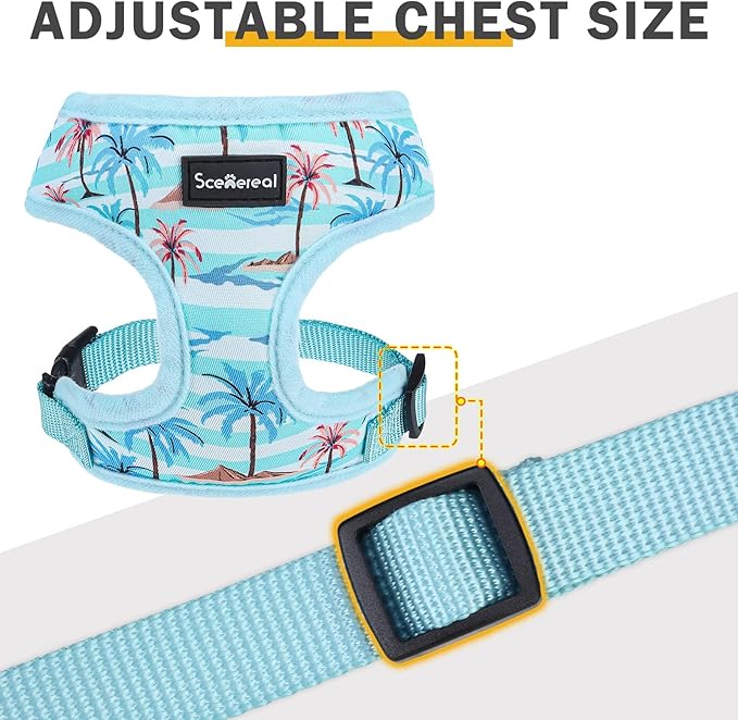 SCENEREAL Small Dog Harness and Leash Collar Set - No Pull Dog Harness for Small & Medium Sized Dogs - Soft Mesh Vest for Puppies, Chihuahua, Yorkie, Spring Summer Hiking Walking, Coconut Tree M