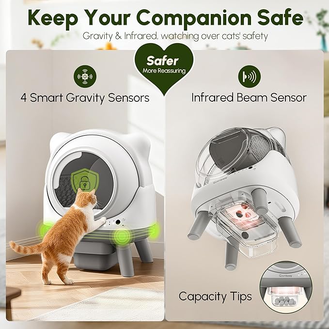 Automatic Litter Box, Self Cleaning Litter Box, Cat Robot for Multiple Cats, with Smart APP Control and Health Monitoring, Safety Sensors, with Trash Bags, White & Grey
