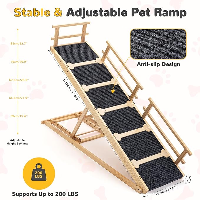 AQUILLA 60.9" Brown Wooden Dog Ramp for Bed, Couch & Car, 5-Level Adjustable Pet Ramp with Plush Anti-Slip Surface, Removable Rails, Angle Lock, Folding Dog Ramp for Small & Senior Pets, 200 lbs