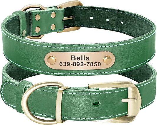 Didog Genuine Leather Dog Collars with Engraved Nameplate, Personalized Soft Leather Dog Collar with Custom ID Tag, Brown/Green/Red for Medium Large Dogs (L,Green)