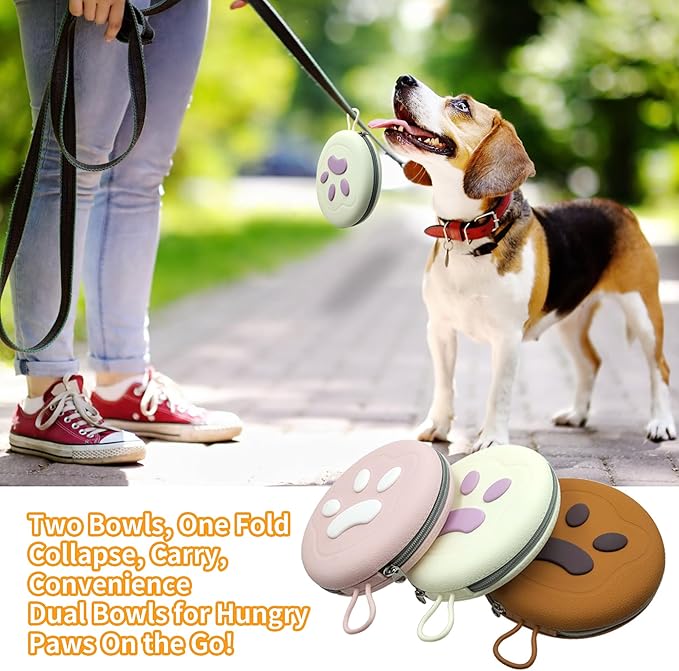 Collapsible Dog Bowls, 2-in-1 Pet Portable Travel Double Bowl Water Food Feeder Traveling Camping & Walking 25oz Light Yellow