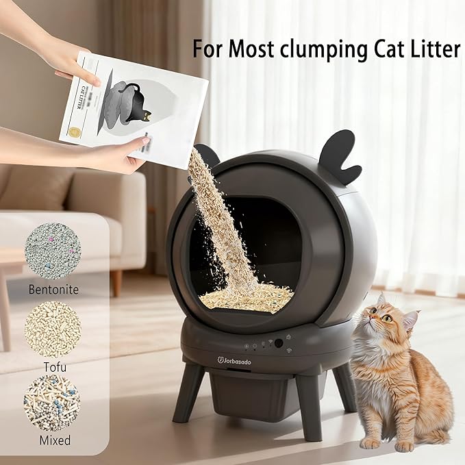 J JORBASADO Self Cleaning Litter Box, Automatic Cat Box for Multiple Cats, APP Real-Time Monitor Cat Litter Box Automatic Cleaning, Safety Protection,with 1 Trash Bag, Ears Design