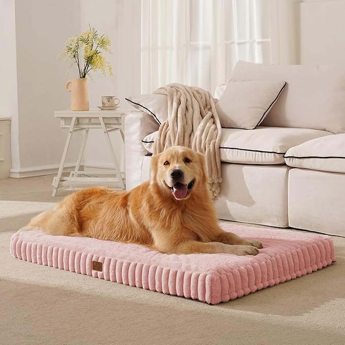 Orthopedic Dog Bed for Large Dog, Waterproof Pet Bed for Crate,Non-Slip Bottom and Egg-Crate Foam with Removable Washable Cover Crate Bed,Pink,35"x22"x3"