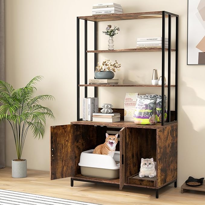 PETSITE Cat Litter Box Furniture with 3 Shelves and Doors, 61 inch Tall Cat Box Enclosure with Display Shelves, Scratching Pad, Indoor Hidden Litter Box with Decorative Storage Shelving (Rustic Brown)